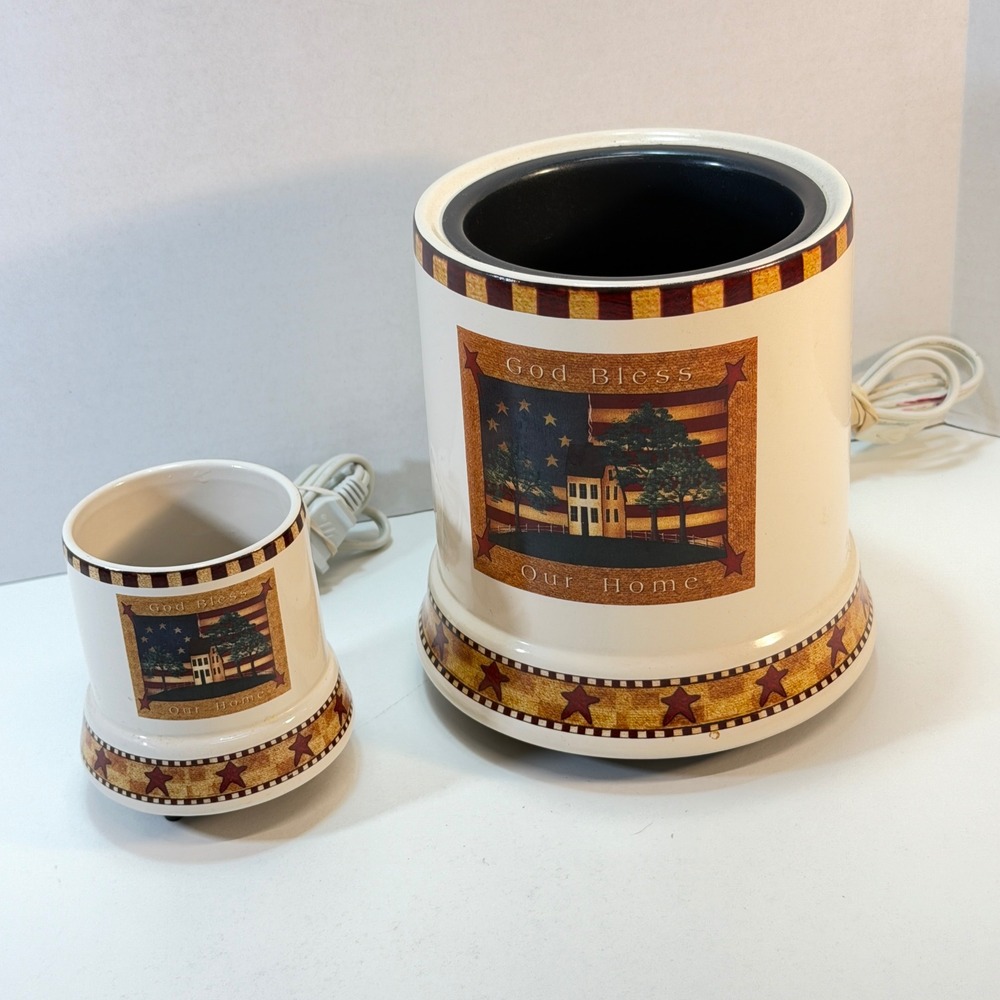 Candle Warmer Set Cream‎ Americana God Bless Our Home 2pc Primative Farmhouse